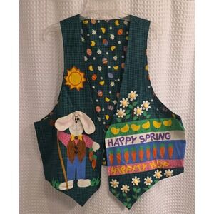 Vintage Homemade Easter Fun Spring Bunny Ducks Flowers Plaid Vest Size XL